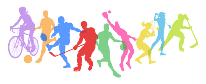 Colorful silhouettes of athletes cycling, running, and playing sports, representing Rolfing® for athletes in Rockville, MD